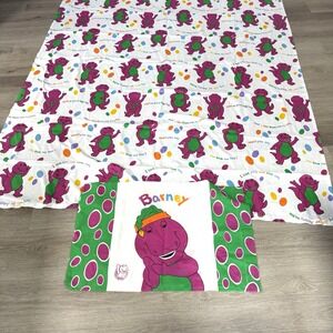 Vintage 1992 Barney Purple Dinosaur Twin Size Flat Sheet and Pillowcase